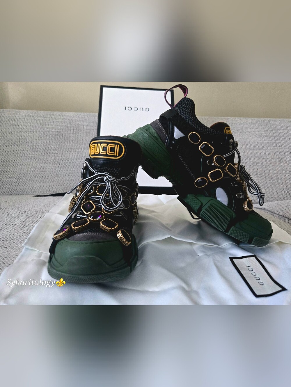 GUCCI Flashtrek Green Leather Sneakers Removable Crystal Size:39 Made In Italy